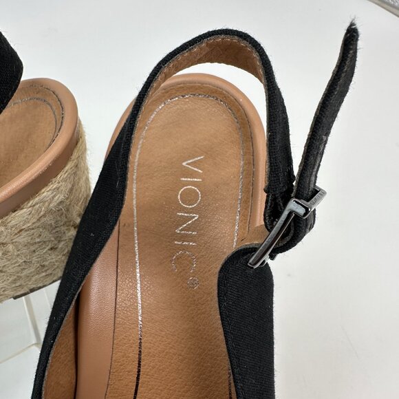 VIONIC Black Canvas Espadrille Wedge Sandals Size 8.5 Slingback Buckle Comfort - Picture 9 of 10